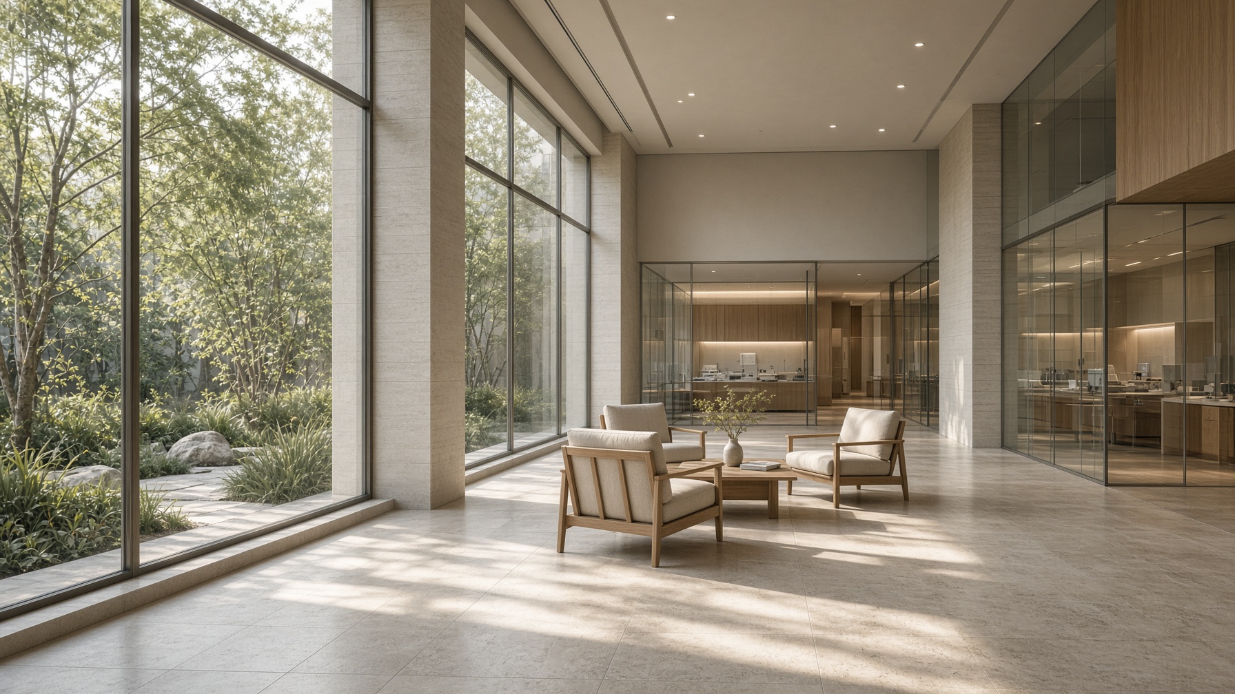 A quiet hospital atrium in morning light